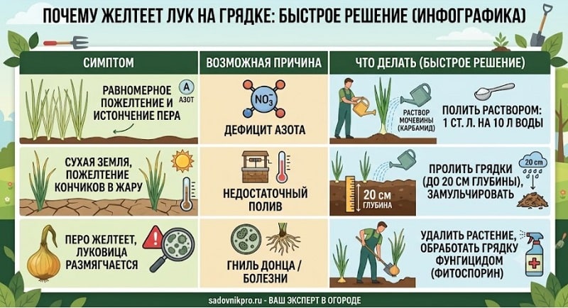 причины пожелтения лука и быстрые способы лечения (дефицит азота, полив, гниль)