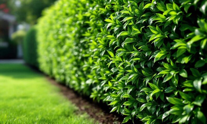 A photorealistic image of a vibrant green living hedge made from turf bushes, showcasing natural light, dew drops, and a blurred background.
