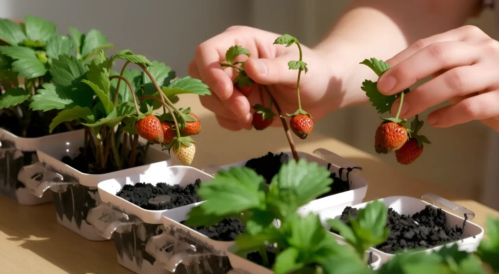 A horizontal photograph showing a close-up of strawberry plants with visible runners (stolons) being carefully guided into small pots filled with soil, hands gently placing the runners, soil and pots on a wooden table, natural sunlight, shallow depth of field, vibrant green leaves and red strawberries, realistic detail, photo-horizontal