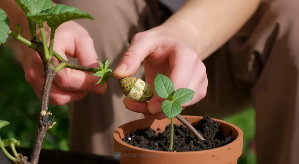 A horizontal photograph showing a gardener carefully separating a strawberry runner plantlet (stolon) from the parent plant and gently transplanting it into a new pot with soil, focusing on the hands and the young plant, with a clean garden background and natural lighting