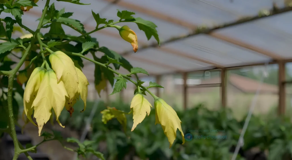 A horizontal photograph showing a greenhouse made of polycarbonate panels with tomato plants inside, some tomato leaves turning yellow due to physiological reasons, close-up view of the yellowing leaves, natural lighting, realistic photography style