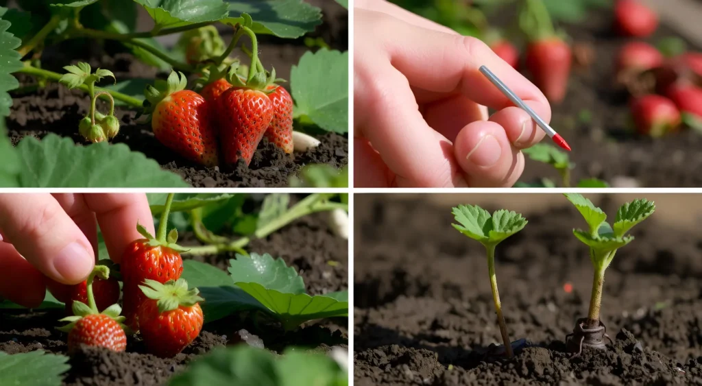 A step-by-step visual guide showing how to propagate strawberries using runners (usami), with close-up images of healthy strawberry plants producing runners, a gardener gently securing a runner into soil with a small stake or pin, and a close-up of a rooted daughter plant ready for transplanting — all set in a sunny garden bed with green foliage and red strawberries in the background, natural daylight, realistic photography style