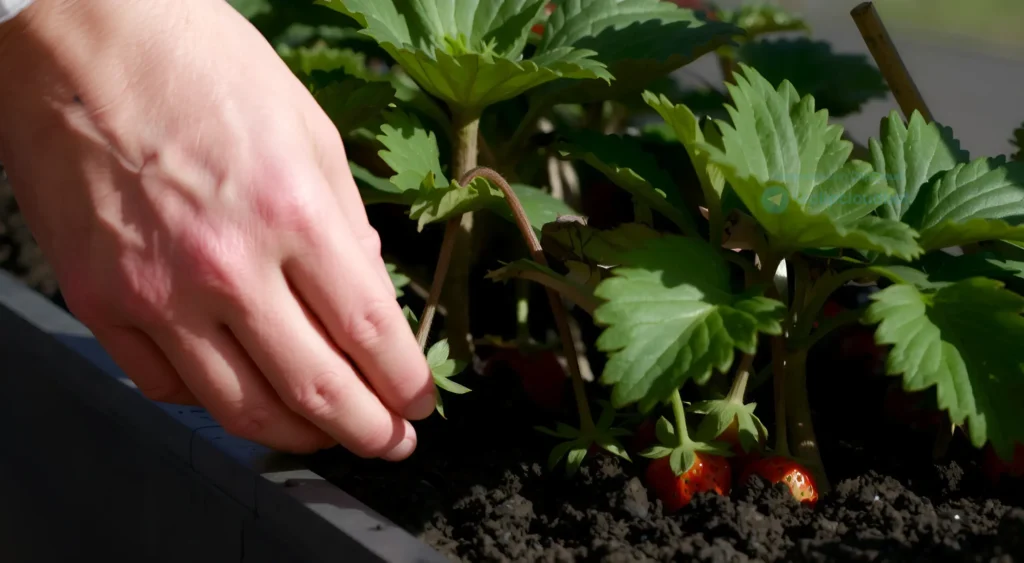 A horizontal photograph showing a close-up of strawberry plants with visible runners (stolons) being carefully guided to new soil, a gardener's hands gently placing a runner into a pot with moist soil, bright natural sunlight, shallow depth of field, vibrant green leaves and red strawberries, no text or numbers visible