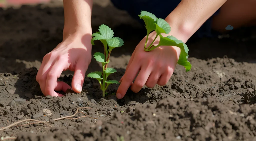 A horizontal photo showing a gardener's hands planting strawberry runners (stolons) into soil in a garden bed, with visible roots and soil texture, bright daylight, shallow depth of field focusing on the planting action, no text or symbols on the image