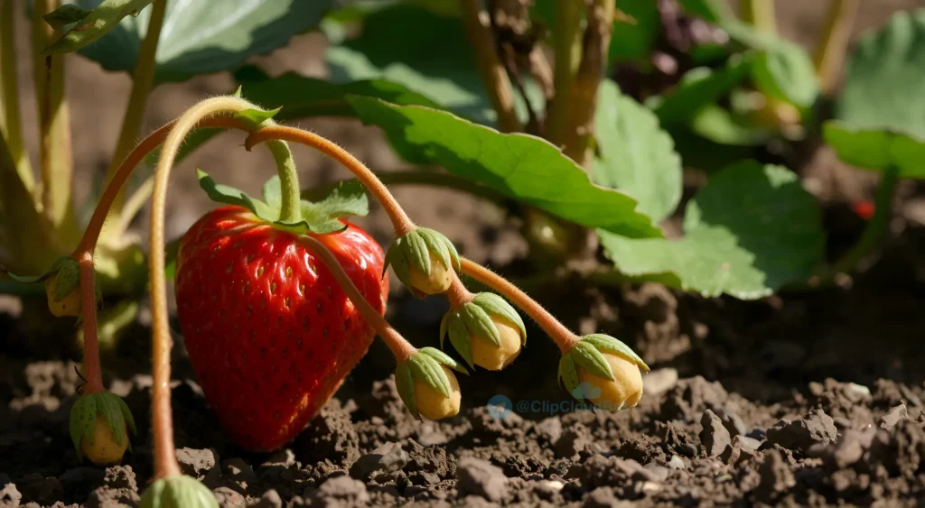 A close-up horizontal photograph of a healthy strawberry mother plant with long runners (stolons) extending from it, showing small daughter plants forming at the tips of the runners, set in a sunny garden bed with rich soil and green leaves, natural daylight, shallow depth of field focusing on the runners and young plants