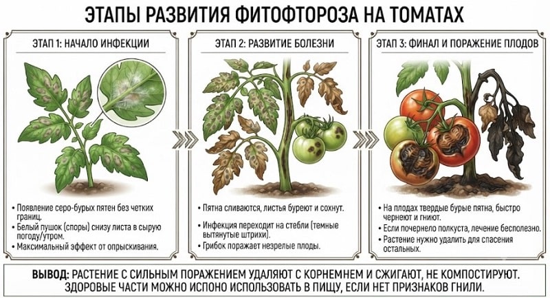 Этапы поражения фитофторой томатов