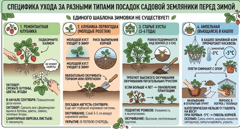 Инфографика: подготовка летней, ремонтантной и ампельной садовой земляники к зиме