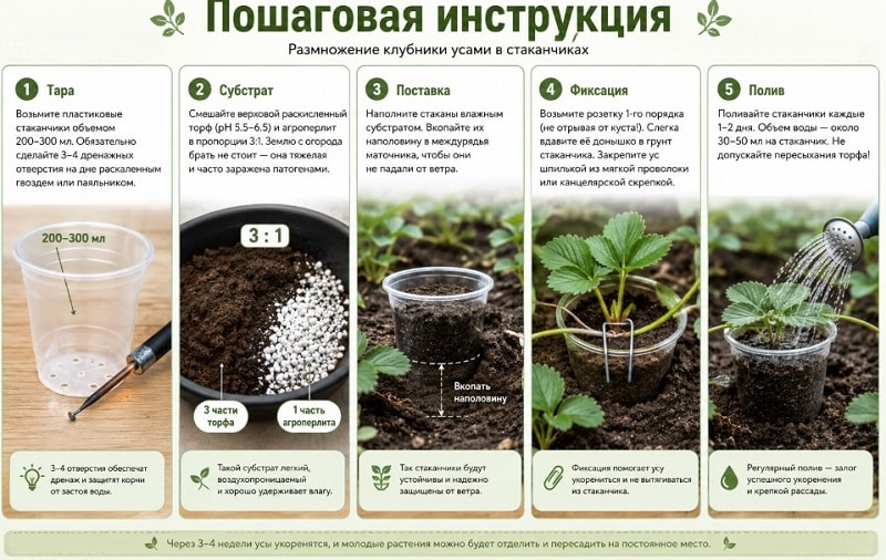 Пошаговая инструкция: как укоренить усы клубники в стаканчики