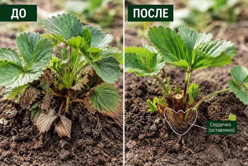Обрезка листьев клубники в августе